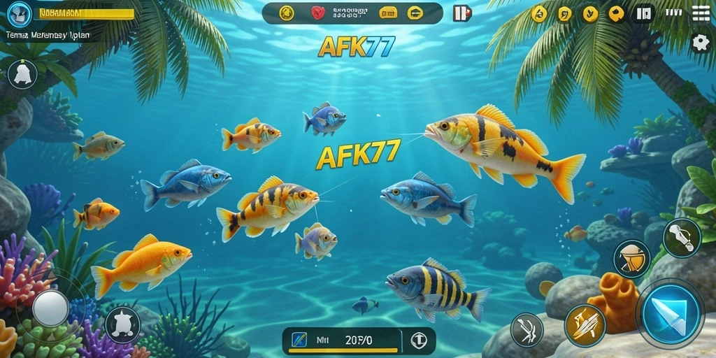 Screenshot AFK77 menunjukkan aksi tembak ikan penuh warna.