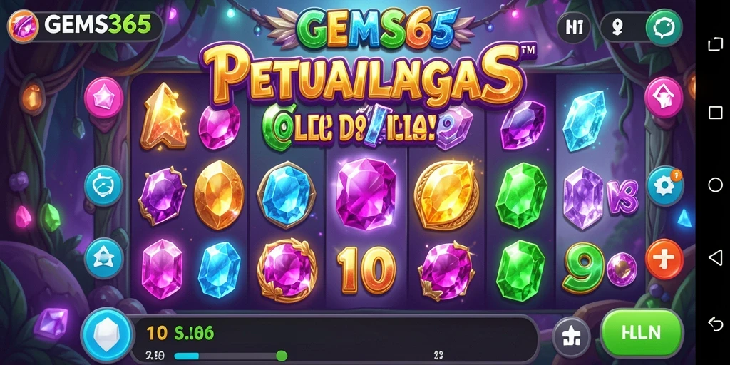 Tampilan utama GEMS365 yang menampilkan mesin slot dengan gem berkilau.