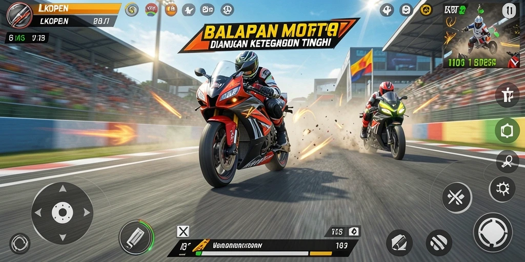 Tampilan gameplay balapan motor yang mendebarkan.