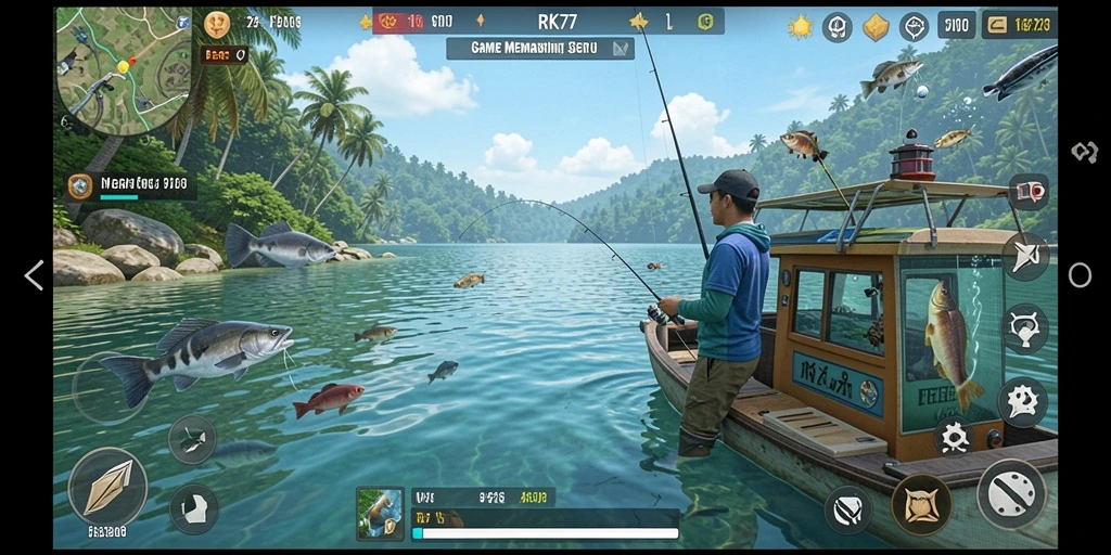 Screenshot gameplay <strong>RK77</strong> menampilkan momen menangkap ikan yang mendebarkan.